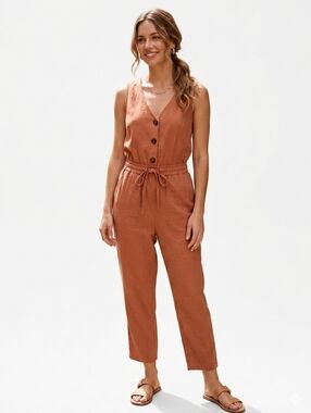 Stevie Hender Terracotta Casual Button-Front Sleeveless Jumpsuit Small